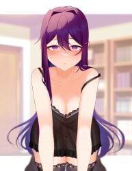 big_breasts blush clothed doki_doki_literature_club homa_yu_ hypnotic_eyes looking_at_viewer no_bra no_bra_under_clothes no_panties no_panties_under_dress purple_eyes purple_hair see-through_clothing thigh thighhighs thighs yuri_(doki_doki_literature_club)