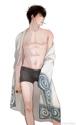 bare_chest black_hair bulge cigarette feiqiuxuan gintama hijikata_toshiro kimono lighter looking_away looking_to_the_side male male_only off_shoulder open_clothes open_kimono smoking solo toned toned_male topless topless_male underwear wearing_others_clothes