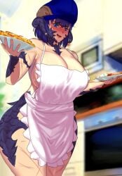 1girls apron_only au_ra big_breasts blue_eyes blue_hair blush blushing_at_viewer breasts detective_nanama embarrassed embarrassed_nude_female final_fantasy final_fantasy_xiv food hat hips holding_plate horns kitchen kitchen_appliance kitchen_cabinet milf mother naked nanama_kha scars short_hair solo_female solo_focus spaghetti square_enix thighs wide_hips xaela