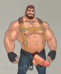 1boy arm_at_side arms beard belly belt belt_buckle belt_unbuckled biceps big_belly big_biceps big_chest big_muscles big_penis brown_beard brown_eyes brown_hair brown_pubic_hair chest chest_harness chest_tattoo circumcised constructor_kyle fingerless_gloves fortnite fortnite:_save_the_world headingsouth huge_cock male male_only muscular_male nipples pants pants_open penis penis_out pubic_hair pubic_hair_peek safety_harness shirtless shirtless_(male) shirtless_male shoulders smile strap tattoo tattoos trousers