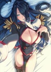 anti-demon_corps_uniform azuma_fubuki blue_eyes blue_hair cleavage cleavage_cutout gloves hair_over_one_eye large_breasts long_hair mato_seihei_no_slave milf ohland selfie white_gloves