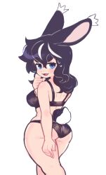 5_fingers ass black_bra black_hair black_panties blue_eyes bra bunny_ears bunny_girl bunny_tail panties sharktuna white_background