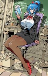 1girls au_ra big_thighs blue_eyes blue_hair breasts buttoned_shirt classroom detective_nanama final_fantasy final_fantasy_xiv hairbow heels holding_book horns kafun milf mother nanama_kha pantyhose ponytail professor_nanama scales sitting sitting_on_chair skirt smile solo_female solo_focus square_enix teacher teacher_outfit xaela