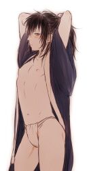 aged_down arms_up bare_chest bishonen black_hair blush embarrassed expressionless fundoshi gintama hijikata_toshiro kimono long_hair long_hair_male looking_at_viewer male male_only mame_(pixiv) messy_hair official_alternate_costume open_clothes open_kimono ponytail solo teenager twink tying_hair