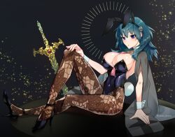 1girls :o alternate_costume animal_ears bangs black_background black_footwear black_leotard blue_eyes blue_hair breasts brown_pantyhose bunny_ears bunny_girl bunny_tail bunnysuit byleth_(fire_emblem) byleth_(fire_emblem)_(female) cleavage coat commentary_request detached_collar fake_animal_ears fake_tail female female_only fire_emblem fire_emblem:_three_houses full_body grey_coat hair_between_eyes hair_ornament hand_on_own_knee high_heels knee_up large_breasts leaning_back leggings legs leotard light_blush long_hair looking_at_viewer navel nintendo open_hands open_mouth pantyhose playboy_bunny rabbit_ears rabbit_tail sitting solo strapless strapless_leotard sword sword_of_the_creator tail teal_hair weapon wrist_cuffs yomusugara_(uzo-muzo)