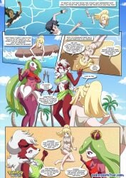 anthro bbmbbf comic dialogue elio_(pokemon) elio_(pokemon_usm) hau_(pokemon) isle_of_amazonian lillie_(pokemon) lycanroc midnight_lycanroc nintendo palcomix pokemon pokemon_usm pokepornlive speech_bubble tsareena