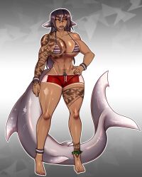 1girls big_breasts bikini black_hair black_sclera dark-skinned_female dark_skin female female_only humanoid inkbuns looking_at_viewer marine marine_humanoid narrowed_eyes original pointy_ears pubic_hair_peek scar scars shark_girl shark_tail sharp_teeth solo solo_female swimwear tail tattoo tattooed_arm tattooed_breast tattooed_leg teeth_showing thick_thighs very_high_resolution yellow_eyes