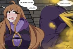 1girls ahoge big_ass big_butt blush brown_eyes brown_hair english_text fart fart_cloud fart_fetish farting kono_subarashii_sekai_ni_shukufuku_wo! open_mouth solo_female stuck stuck_in_wall text text_bubble through_wall wiz_(konosuba) zaina_art99