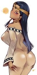 ass ass_grab black_hair blush dark-skinned_female dark_skin egyptian_clothes egyptian_clothing female female_only isis_ishtar large_ass large_breasts long_hair looking_at_viewer mibry_(phrysm) nipple_bulge nipples nipples_visible_through_clothing olive-skinned_female olive_skin purple_eyes solo_focus standing uncensored yu-gi-oh! yu-gi-oh!_duel_monsters