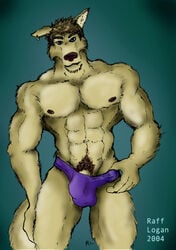 1boy 2004 abs balls barazoku blue_eyes bulge canine looking_at_viewer male male_only muscles penis pinup pose presenting pubic_hair purple_underwear raff raff_m_logan solo standing striptease teasing thong treasure_trail underwear werewolf