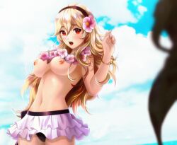 absurdres arm_up bangle beach bikini bikini_bottom_only black_bikini black_trim blonde_hair blush bracelet breasts cloud corrin_(fire_emblem) corrin_(fire_emblem)_(female) embarrassed esther-shen esther_shen female fingernails fire_emblem fire_emblem_fates fire_emblem_heroes flower flower_necklace hair_between_eyes hair_flower hair_ornament hairband highres jewelry long_hair looking_at_viewer medium_breasts nail_polish navel necklace nintendo nipples parted_bangs parted_lips pink_nails red_eyes ribbon ribbon-trimmed_skirt ribbon_trim skirt solo solo_focus sun swimsuit swimsuit_skirt topless_female water wavy_hair white_bikini white_skirt wide_hips