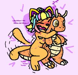 aliasing anthro bite_mark blush blush_lines bodily_fluids breasts digital_media_(artwork) domestic_cat dragonite drooling felid feline felis female fur generation_1_pokemon grinding hair humping mammal masturbation moan multicolored_hair nintendo nipples plushie plushie_humping plushophilia pokemon pokemon_(species) rainbow_hair saliva solo squeakitties tail tail_motion tailwag yellow_body yellow_fur
