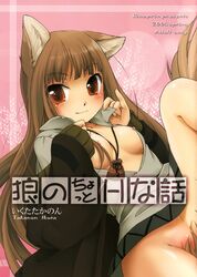 1girls animal_ears blush bottomless breasts clothing comic cover covering_nipples female holo ikuta_takanon ookamimimi small_breasts solo spice_and_wolf takanon_ikuta