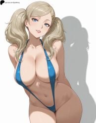 1girls ai_generated ann_takamaki armpit_crease arms_behind_back bare_shoulders bikini blonde_hair blue_bikini blue_eyes breasts collarbone curvy eyebrows_visible_through_hair female hairclip hi_res high_quality high_resolution highres huge_breasts large_breasts leaning_forward legs_together light lips lipstick long_hair looking_at_viewer midriff navel nose opal_nemy patreon_logo patreon_url patreon_username persona persona_5 plain_background red_lips self_upload shadow shiny shiny_clothes shiny_hair shiny_skin simple_background slingshot_swimsuit smile solo standing swimsuit teeth thick_thighs thighs twintails watermark white_background wide_hips