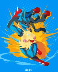 2025 5_fingers abs absurd_res angry angry_expression angry_face anthro artist_name belly_button blue_background breasts digital_art digital_drawing_(artwork) digital_media digital_media_(artwork) duderedblue explosion explosion_background female furry game_freak generation_4_pokemon glistening glistening_body glistening_breasts glistening_thighs hi_res looking_at_viewer lucario lucario_(female) mammal mega_evolution mega_lucario muscles muscular_female naked navel nintendo nipples nude pokemon pokemon_(species) simple_background solo teeth thick_thighs uppercut wide_hips