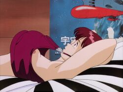 1990s bouncing_breasts breasts canon_nudity clothing female gunbuster human jiggle jiggling_breasts lying nipple_slip nipples nonsexual nonsexual_nudity noriko_takaya official_animation official_art ova pale_skin red_hair retro_artstyle tagme video