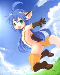 ahoge animal_ear beauty_mark blue_hair chest_tuft cute_fang ear_tuft female green_eyes hair human ka konata_izumi looking_at_viewer lucky_star mole mole_under_eye solo tail