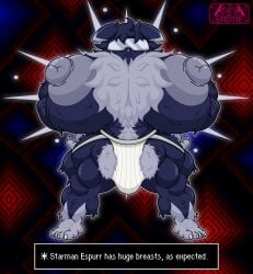 abs abstract_background absurd_res annaengine anthro areola arm_hair arm_tuft balls barazoku barefoot biceps big_areola big_balls big_breasts big_bulge big_muscles big_nipples blue_body blue_fur body_hair breast_tuft breasts bulge busty_boy_(lore) butt_hair cheek_tuft chest_hair chest_tuft claws clothed clothing crossover digital_drawing_(artwork) digital_media_(artwork) ear_markings earthbound_(series) english_text espurr eyewear facial_tuft fan_character feet felid feline fluffy fluffy_balls fluffy_breasts fluffy_chest front_view fur fur_markings fusion generation_6_pokemon genitals glasses glowing glowing_body grey_areola grey_nipples gynomorph hair hairy_breasts hands_on_hips happy_trail head_tuft hi_res huge_areola huge_breasts huge_muscles huge_nipples humanoid_genitalia ineffective_clothing intersex jockstrap jockstrap_only leg_tuft male_(lore) mammal markings multicolored_body multicolored_fur muscular muscular_anthro muscular_arms muscular_gynomorph muscular_intersex muscular_legs muscular_thighs nintendo nipples nude penis pokemon pokemon_(species) pose psychic psychic_energy psychic_powers pubes serious shoulder_tuft solo spread_legs spreading standing starman sunglasses text text_box tight_clothing toe_claws topless tuft two_tone_body two_tone_fur underwear underwear_only visor white_body white_body_hair white_fur white_hair white_pubes