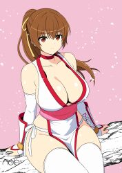 absurdres artist_name breasts brown_eyes brown_hair choker cleavage collarbone dead_or_alive elbow_gloves falling_petals female female_focus gloves hair_ribbon highres in_tree japanese_clothes kasumi_(doa) kimono large_breasts long_hair looking_at_viewer matching_hair/eyes ninja no_bra no_panties no_underwear noby parted_lips pelvic_curtain petals pink_background pink_sash ponytail red_choker revealing_clothes ribbon sash side-tie_panties signature silf simple_background sitting sitting_in_tree solo team_ninja tecmo teeth thighhighs thighs tree underwear white_kimono white_panties white_thighhighs wide_hips yellow_ribbon