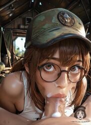 1boy 1girls ai_generated ai_video alberist army bouncing_hair brown_eyes brown_hair cap creepy cum_in_mouth cum_on_glasses cum_on_nose cum_on_penis cum_pooling ear_piercing fellatio fio_germi hands-free looking_at_viewer medium_breasts metal_slug oral ponytail round_glasses straight tagme tank_top thick_lips video