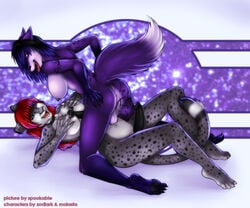 anthro ass balls black black_penis blue_eyes body_piercing breast_suppress breasts canine claws collar couple eye_contact eyes feline fox fur furry futanari glans hair ino intersex kneeling long_hair looking_at_another malasta mammal mouth navel nipple_piercing nipples nude on_back open_mouth paizuri penis piercing purple purple_eyes red_hair sex sideboob spookable spots tail tattoo tongue white_fur zodiark