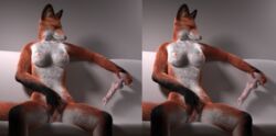 3d after_masturbation anthro breasts canine clitoris closed_eyes cross_stereogram dildo female fox fur gaping labia navel nipples photorealism pussy rlctntfr sex_toy stereogram