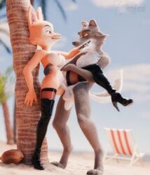 beach big_breasts big_penis breasts diane_foxington furflection furry furry_female furry_male furry_only lingerie mr._wolf_(the_bad_guys) penis pussy sex vagina vaginal_penetration