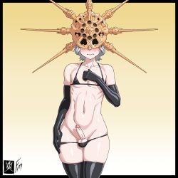 1boy balls bikini black_bikini blush crown dark_souls dark_sun_gwyndolin elbow_gloves eyes_covered femboy femboy_only fromsoftware fungus-man light-skinned_male light_skin male male_only penis self_upload skinny skinny_male solo solo_male tagme thighhighs twink wavy_mouth white_hair