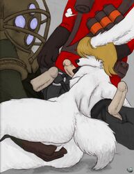 3boys anthro big_daddy_(bioshock) bioshock crossover female fingering foursome furry grenade male masturbation metal_gear mr_hart penis psycho_mantis pyro pyro_(team_fortress_2) straight team_fortress_2 unknown_artist white_fur