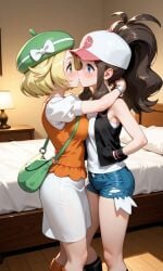 ai_generated bedroom bianca_(pokemon) fully_clothed hilda_(pokemon) kissing yuri