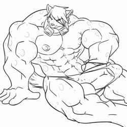 1boy balls bara big_balls bulge canine danandnite ear_piercing erection goggles hyena looking_at_viewer male male_only muscles penis piercing presenting sitting skimpy solo speedo spots tail tiny_head underwear