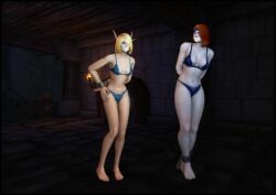 2girls 3d arms_behind_back blonde_hair blue_bra blue_panties bondage bound_wrists bra elf elf_female female female_only full_body gadreel gadreela gagged original_character panties red_hair underwear world_of_warcraft