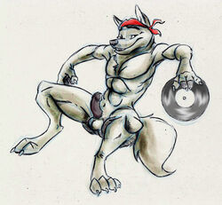 1boy 2009 abs anthro balls bandana black_penis blank_background bushy_tail canine chest_tuft claws colored dragondrawer erection fur furry humanoid_penis looking_at_viewer lupine_assassin male male_only muscles nude penis record sitting smile solo spread_legs spreading tail wolf