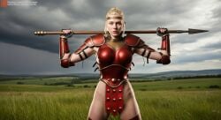 ai_generated amazon amazon_(diablo) blonde-haired_female blonde_female blonde_hair blonde_pubic_hair bush bushy_pubes diablo diablo_2 fantasy female female_armor female_human medieval pubic_hair spear weapon