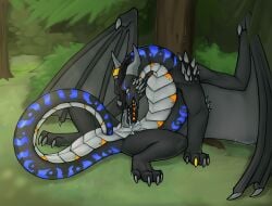 absurd_res anus autofellatio black_body blue_body blue_scales bodily_fluids cum dragon feet feral forest genital_fluids grey_underbelly hi_res hindpaw kuueen looking_at_viewer male masturbation mythological_creature mythological_scalie mythology oral oral_masturbation paws penetration penile penile_masturbation plant precum scales scalie solo spread_legs spreading tail tail_fetish tail_insertion tail_play tree yellow_eyes