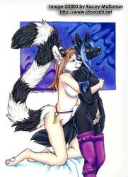 2003 ace anthro barefoot black_fur blue_hair breast_grab breasts canine ear_piercing female female_only fur furry_breasts furry_ears furry_tail hair hug interspecies jackal kacey key kneeling licking mammal misty_(kacey) multiple_females multiple_girls open_eyes piercing raised_tail ringtail side_view standing tail tongue white_fur yuri