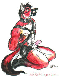 1boy 2001 anthro balls barazoku bondage canine collar erection fetish fox fur furry green_eyes harness kneeling leather male male_only muscles muzzled nude penis raff raff_m_logan sheath solo submissive tail