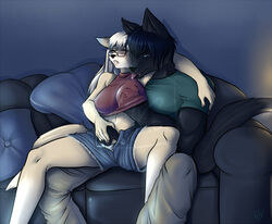 big_breasts blue_eyes blush breast_fondling breasts canine closed_eyes clothed couple cutoffs feline female fingering fondling glasses grin hair hand_in_panties lilyness male masturbation panties pointy_ears shirt shirt_lift shorts straight tongue underwear