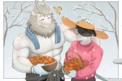 abs absurd_res anthro ao_lie athletic athletic_anthro athletic_male basket black_body black_fur blue_towel blush blush_lines border branch closed_eyes clothed clothing container domestic_cat dragon duo eastern_dragon eyebrows fangs fei_ren_zai_(non_human) felid feline felis food fruit fur gloves grey_body grey_eyebrows grey_fur grey_horn grey_mane hand_on_head handwear hat headgear headwear hi_res horn male male/male mammal mane muscular muscular_anthro muscular_male mythological_creature mythological_scalie mythology peach_(fruit) pecs pink_clothing pink_sweater pink_topwear plant raised_arm scalie smile smiling_at_another smiling_at_partner snow snowing sweater tail teeth topless topwear towel tree whiskers white_body white_border white_fur