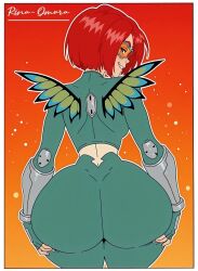 1girls 2026 alternate_costume armwear artist_name artist_signature ass_focus big_ass clothed disney fairy fanart_from_twitter female female_only female_protagonist fingerless glasses grabbing_ass green_bottomwear green_clothing green_topwear hands_on_ass hands_on_own_ass huge_ass long_sleeves looking_at_viewer looking_back no_ai orange_background red_hair rina-omura short_hair solo twitter_link w.i.t.c.h. will_vandom wings