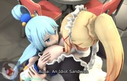 2girls 3d aqua_(konosuba) big_breasts cleavage darkness_(konosuba) gamer126i grabbing_breasts head_between_breasts kabalmystic_(style) kono_subarashii_sekai_ni_shukufuku_wo! konosuba maid milk ponytail sfm source_filmmaker