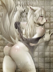 2010 against_wall amun blush breasts bushy_tail color colored commission ear_down ear_tufts feline female furry hair long_hair nikki_blackcat nude open_mouth pussy raised_tail red_eyes shower sideboob solo standing steam tail watermark wet