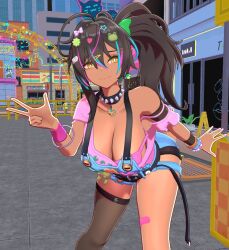 3d 3d_model bent_over big_breasts breasts_downward brown_hair choker dark-skinned_female dark_skin gyaru looking_at_viewer model neon_harper nonbinary presenting_breasts smiling spiked_collar standing virtual_youtuber vtuber_persona wide_hips yellow_eyes