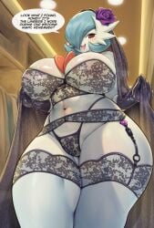 barely_visible_genitalia barely_visible_vulva big_breasts biped blue_hair blush bra breasts clothing dialogue female fingers garter_belt garter_straps generation_6_pokemon genitals hair hi_res looking_at_viewer mega_evolution mega_gardevoir mleonheart monotone_body nintendo not_furry panties pokemon pokemon_(species) pupils red_eyes shiny_pokemon smile solo text thick_thighs underwear vulva white_body white_sclera wide_hips