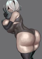 1girls android ass ass_focus big_ass big_breasts blindfold breasts clothed clothing elbow_gloves female female_only huge_ass huge_breasts kelvin_hiu light-skinned_female looking_at_viewer nier:_automata peace_sign robot short_hair smile solo solo_female solo_focus thick_thighs thighhighs white_hair yorha_2b