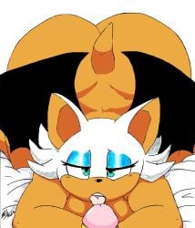 2d_(artwork) anthro bat bed big_ass big_breasts big_penis female huge_ass licking_penis looking_at_viewer male miles_prower miles_tails_prower nude pov rouge_the_bat sega sex shortstack sonic_(series) sonic_the_hedgehog_(series) tail tails_the_fox wings