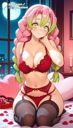 1girls 2026 ai_assisted ai_generated anime artist_name bra breasts bust cleavage cloud collarbone demon_slayer explicit garter_belt gradient_hair green_eyes green_hair hi_res high_quality high_resolution highres indoors kanroji_mitsuri kimetsu_no_yaiba long_hair looking_at_viewer mitsuri_kanroji mole mole_under_eye moonlight multicolored_hair navel night night_sky patreon patreon_username petals pink_hair rose_petals sky skypassion smile solo stable_diffusion thighhighs underwear valentine's_day valentines_day watermark window
