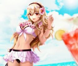 absurdres arm_up bangle beach bikini black_trim blonde_hair bracelet breasts cleavage cloud corrin_(fire_emblem) corrin_(fire_emblem)_(female) cup drink drinking_glass esther-shen esther_shen female fingernails fire_emblem fire_emblem_fates fire_emblem_heroes flower flower_necklace food front-tie_bikini_top front-tie_top fruit hair_between_eyes hair_flower hair_ornament hairband highres jewelry lemon lemon_slice long_hair looking_at_viewer medium_breasts nail_polish navel necklace nintendo parted_bangs parted_lips pink_nails red_eyes ribbon ribbon-trimmed_skirt ribbon_trim skirt smile solo solo_focus sun swimsuit swimsuit_skirt water wavy_hair white_bikini white_skirt wide_hips