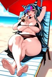 1girls ai_generated beach big_breasts bikini black_hair cleavage curvaceous curvy_female danganronpa danganronpa_2 danganronpa_2:_goodbye_despair dreamcoreart drinking eyes female female_only hair_streak hourglass_figure large_breasts laying_on_back light-skinned_female light_skin long_hair mioda_ibuki multicolored_hair nail_polish outdoors pink_eyes relaxing thick thick_thighs voluptuous voluptuous_female water wide_hips