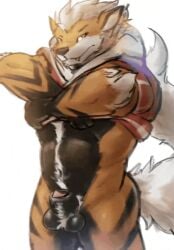 animal_genitalia animated anthro arcanine clothing fangs generation_1_pokemon genitals lens_flare looking_at_viewer multicolored_body nintendo orange_eyes pecs pokemon pokemon_(species) red_clothing red_shirt red_topwear sheath shirt shirt_off simple_background solo stampmats standing tail teeth timelapse topwear undressing white_background white_tail